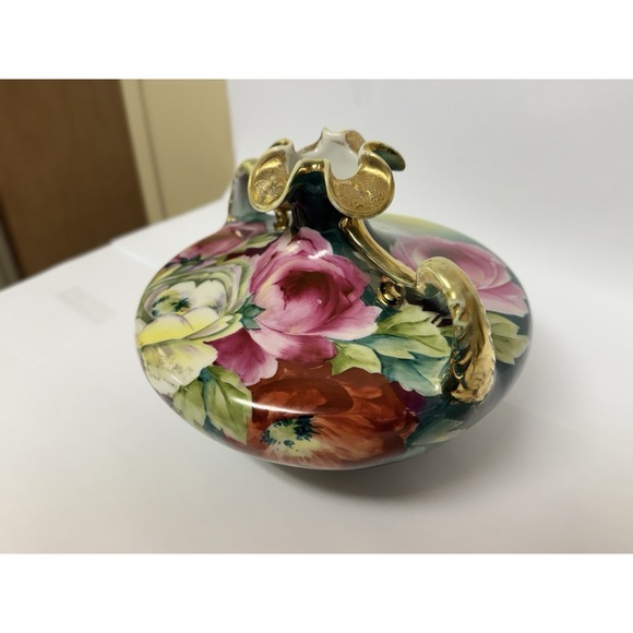 Nippon Pink Rose Double Handled Vase Hand Painted Gold Accents Antique